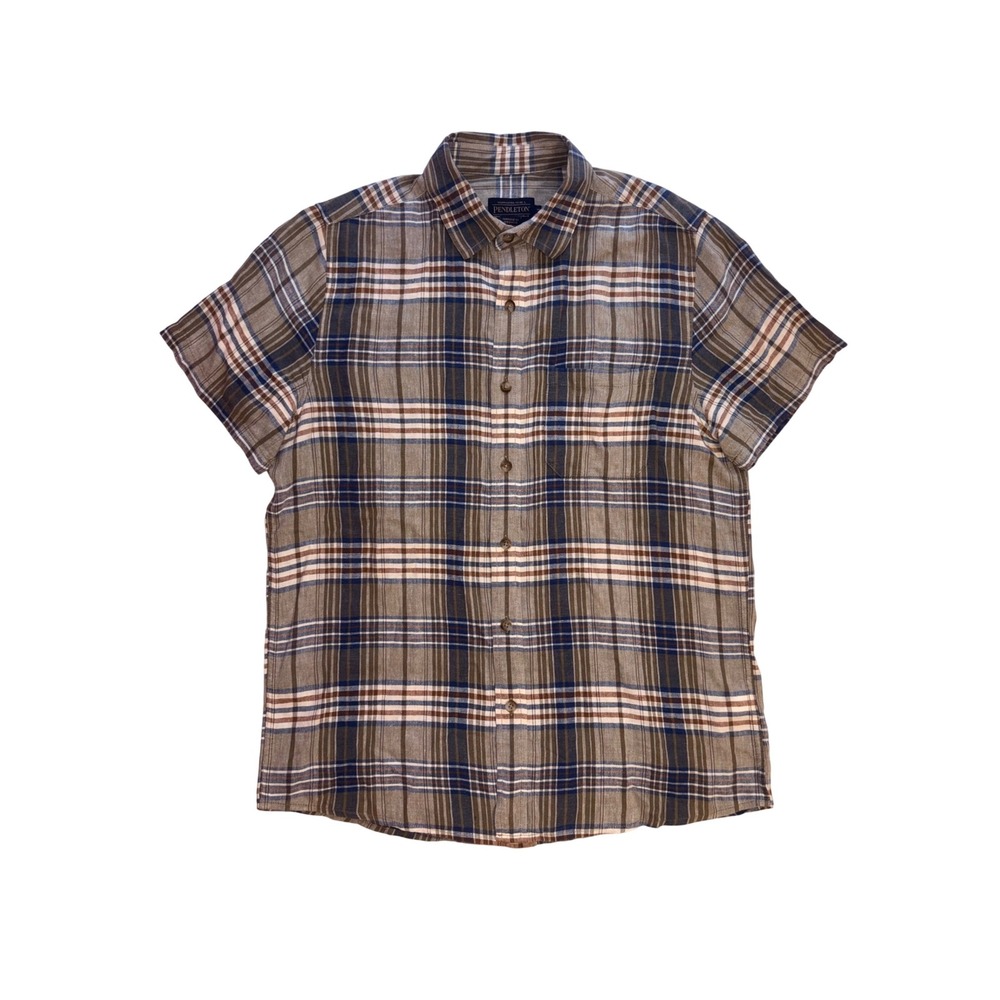 PENDLETON Plaid Button Down Shirt Mens M Brown Linen Blend Short Sleeve